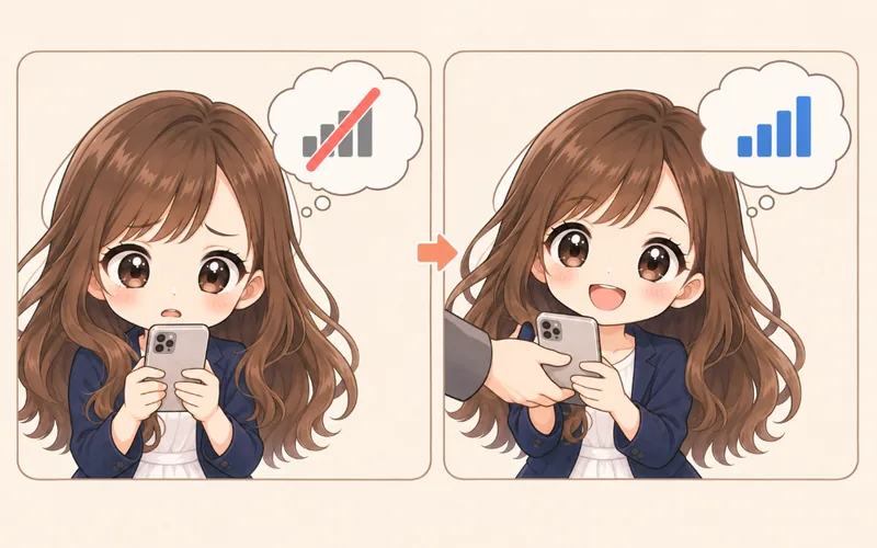 圏外で困っていたスミちゃんが、スマホを貸してもらって安心する2コマのイラスト