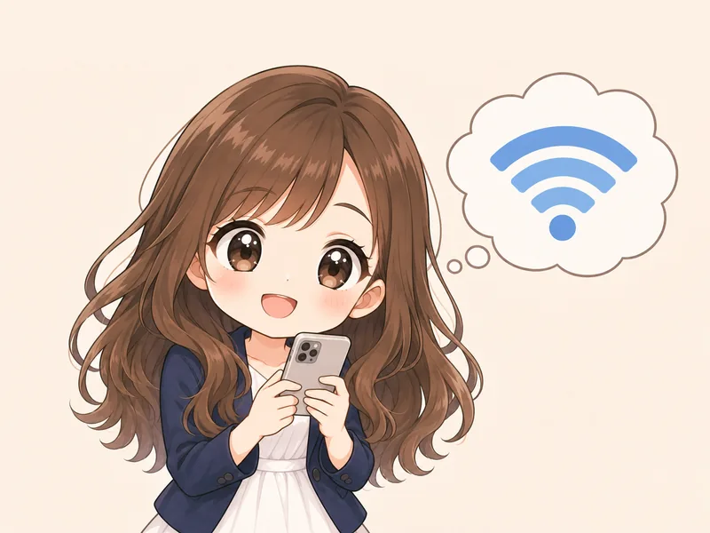 Wi-Fiマークを思い浮かべてほっとするスミちゃんのイラスト